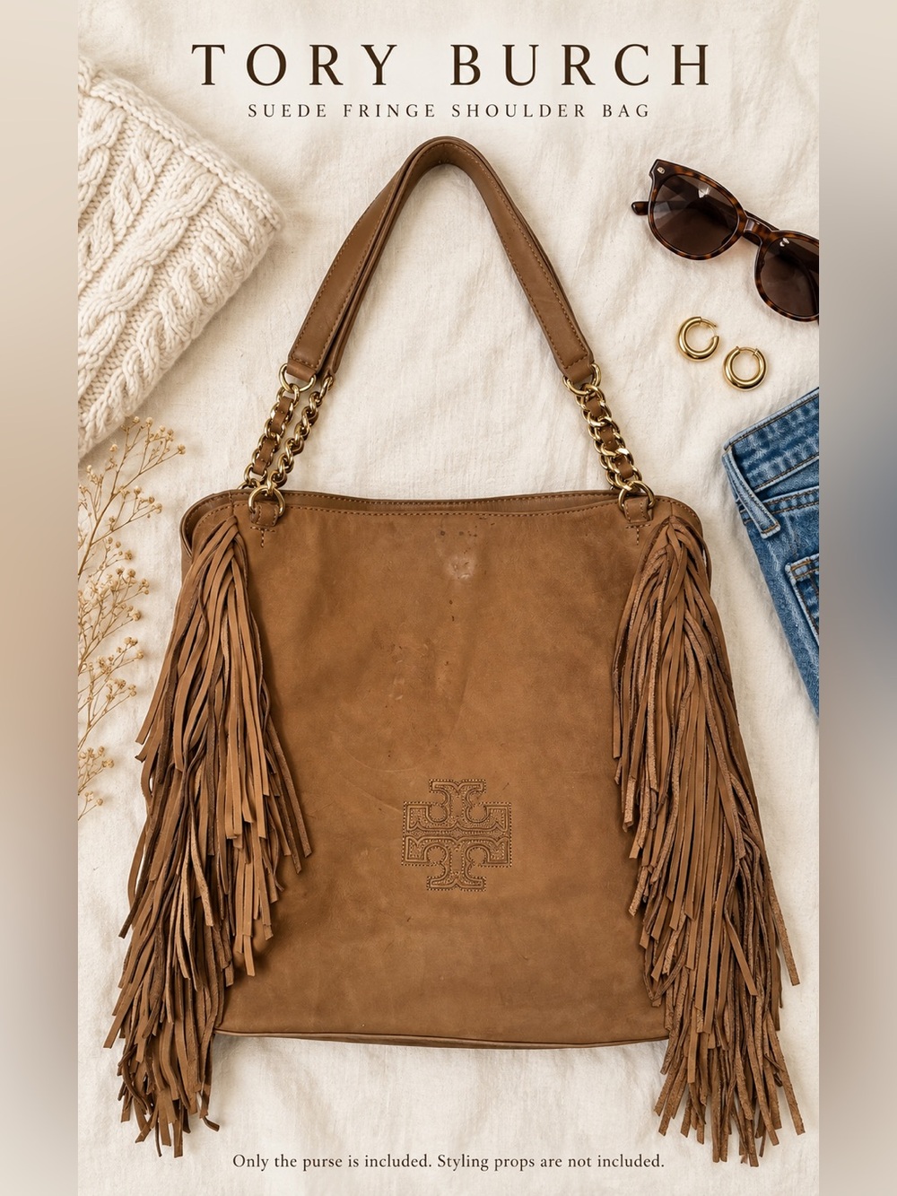 Tory Burch Tan Camel Suede Fringe Shoulder Bag Tote Gold-Tone Chain Straps